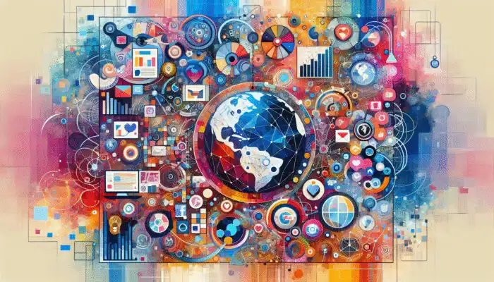 A vibrant collage of social media icons, graphs, and global symbols on a colorful background, illustrating universal strategies for trending topics.