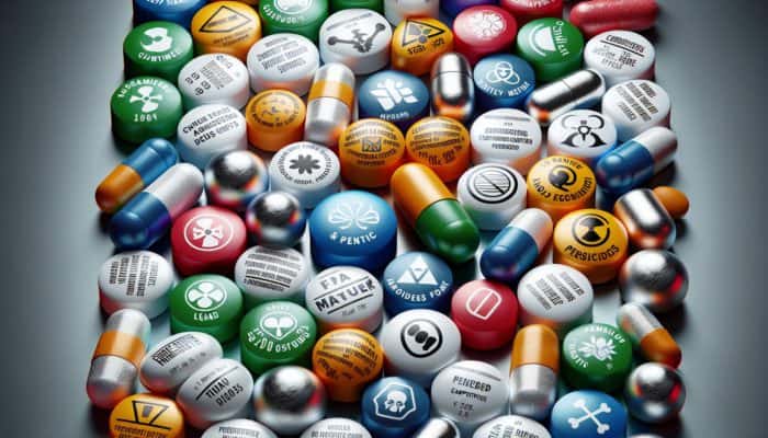 Illustration showing heavy metals and pesticides contaminating dietary supplements, highlighting associated health risks.