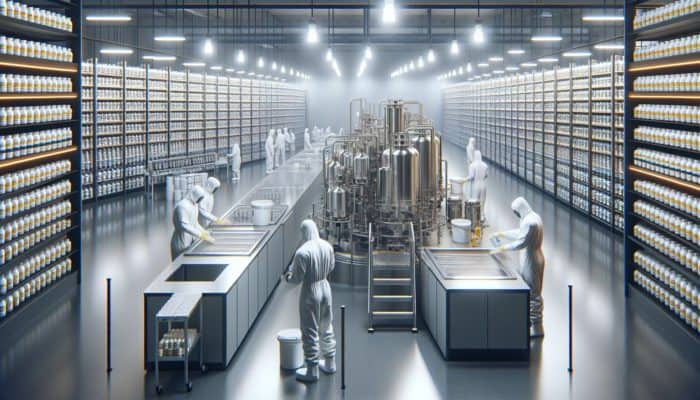 Workers in protective suits cleaning advanced equipment in a modern supplement factory with neatly organized supplements.
