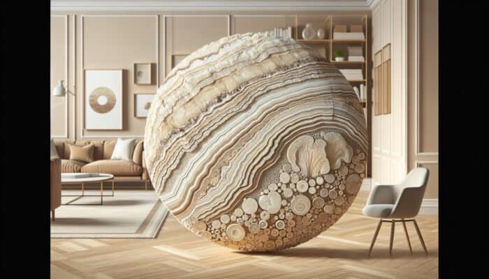 Cleaning Stained Limestone Floors: Cross-section of limestone showcasing sedimentary layers and marine fossils, within a warm home interior featuring limestone flooring.