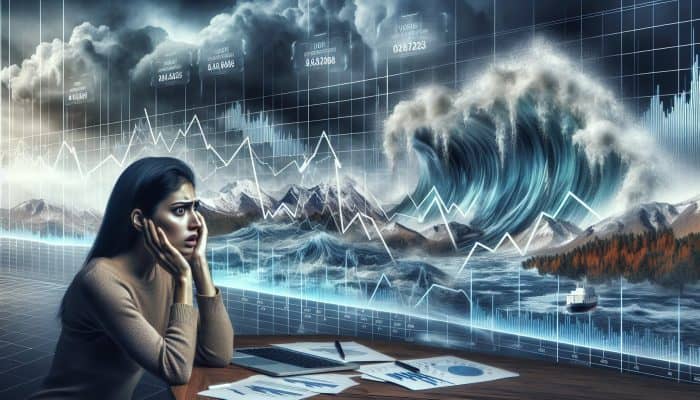 Understanding the pitfalls of debt consolidation: A person overwhelmed by a fluctuating graph and a tumultuous economic backdrop, symbolizing financial instability due to variable interest rates.