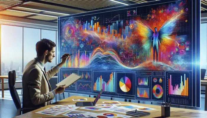 Person analyzing industry report graphs on a screen in a modern office, taking notes.