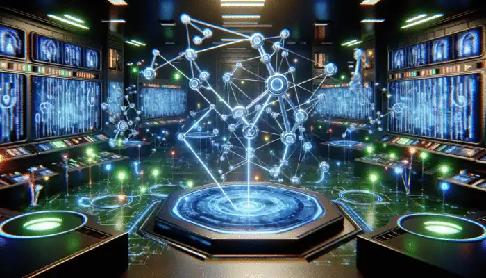 Leverage AI for Backlink Opportunity Analysis: Glowing networks of AI algorithms analyzing vibrant nodes representing backlinks in a futuristic control room, enhancing SEO.