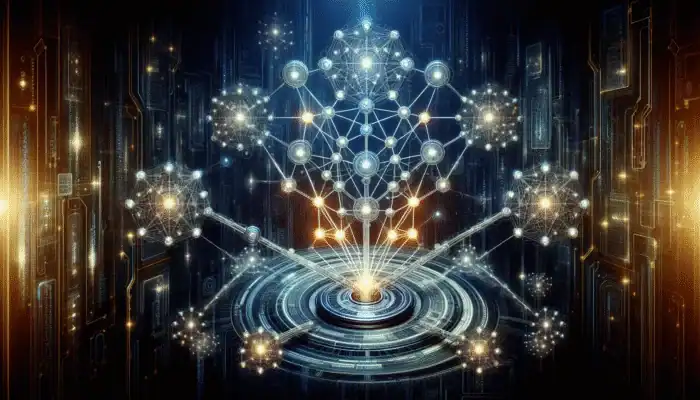 AI tool analyzing glowing nodes representing premium backlink sources, enhancing SEO on a futuristic digital backdrop.