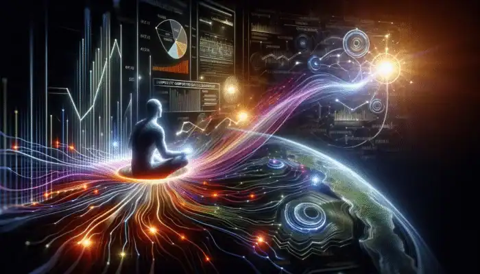 Person using AI to analyze competitor backlinks, identifying trends and opportunities in industry forums and blogs.