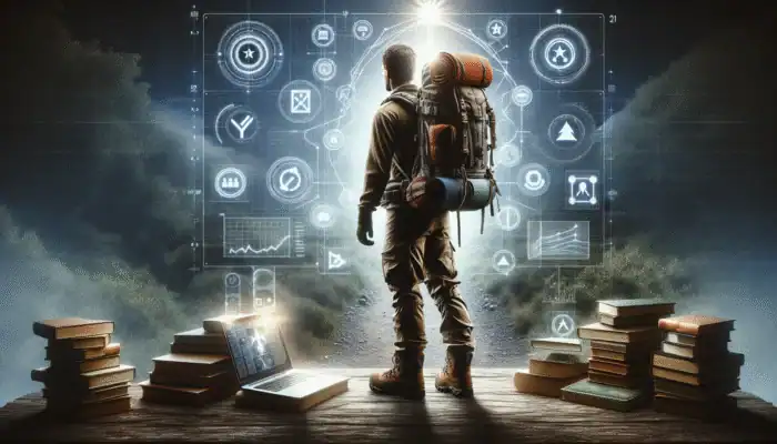 Use Content to Build E-E-A-T Signals: A hiker at a trailhead with guidebooks and a laptop showing high search rankings, symbolizing E-E-A-T in content creation.