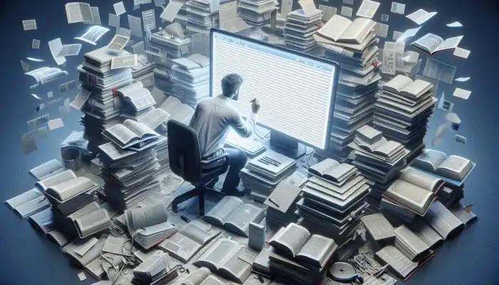 A person researching on a computer with books and medical journals, enhancing content credibility.