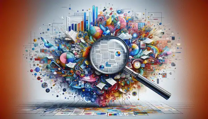 A vibrant collage with a magnifying glass over documents and colorful case studies, symbolizing E-E-A-T in quality content.