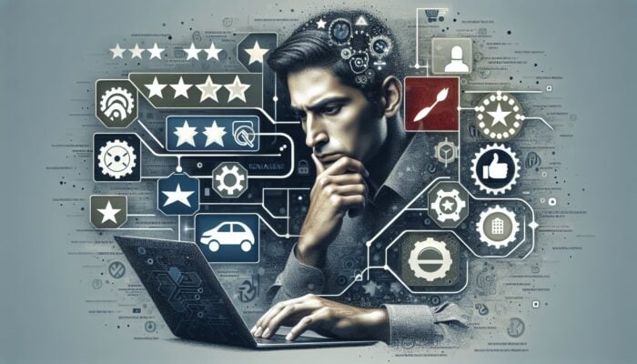 Person analysing customer reviews on a laptop, surrounded by logos of rental companies, graphs, and stars.