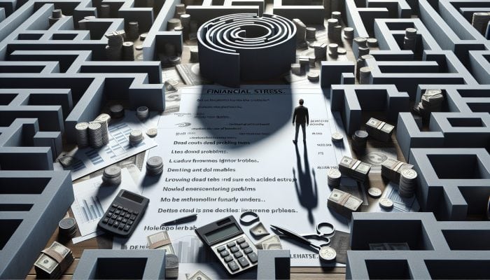 Debt Consolidation Loan Interest Rate Traps: A Guide | DCL Debt Consolidation Loan Interest Rate Traps: A person navigating a complex maze with paths labelled with escalating interest rates, leading to a dead end under a shadow of stress.