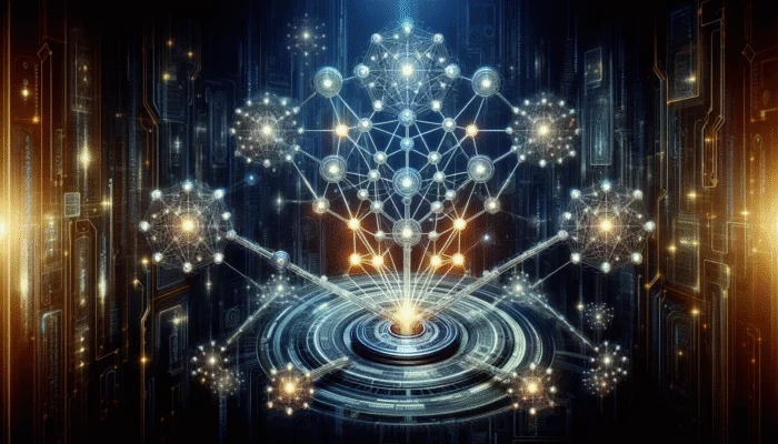 AI tool analyzing luminous nodes representing premium backlink sources, enhancing SEO on a futuristic digital backdrop.