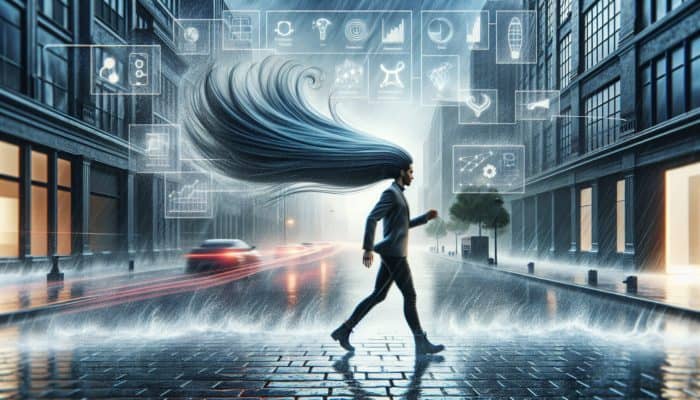 Person with sleek, frizz-free hair confidently walking in windy, rainy city, showcasing ionic dryer effects.
