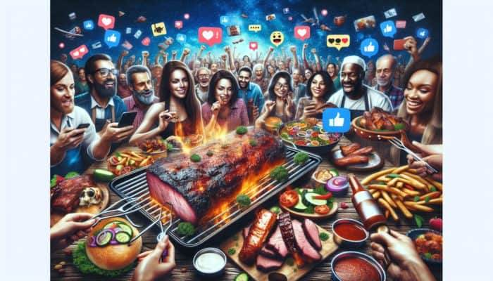 Online BBQ community sharing brisket, ribs, and sides on social media with hashtags #BBQLovers and #Grilling.