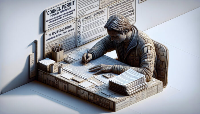 A person completing a council permit application form at a desk surrounded by documents and guidelines.