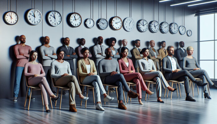 Diverse group waiting in an office with permit applications, clocks showing various times.