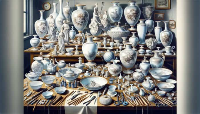 Skilled artisans in East Calder repairing porcelain items like vases and figurines.