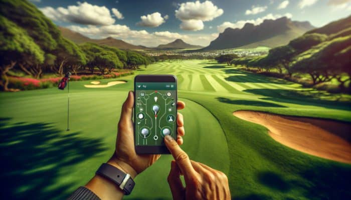 Golfer using Golfshot app on smartphone for measuring distance on a South African golf course.