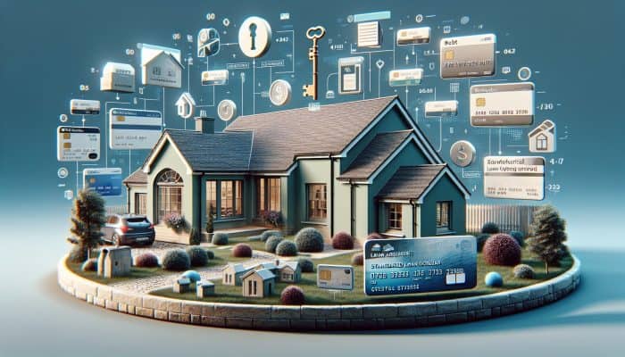 Expert Techniques for Debt Consolidation Loan Prepayment: A Comprehensive Guide | DCL A modern UK home symbolizing equity, surrounded by debt icons merging into a single, lower-interest loan document.