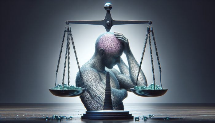 A person using a natural scrub to exfoliate their scalp, accompanied by a balance scale and healthy hair.