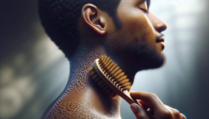 Close-up of scalp exfoliation with a soft brush, showcasing healthy skin and hair follicles in a spa-like environment.