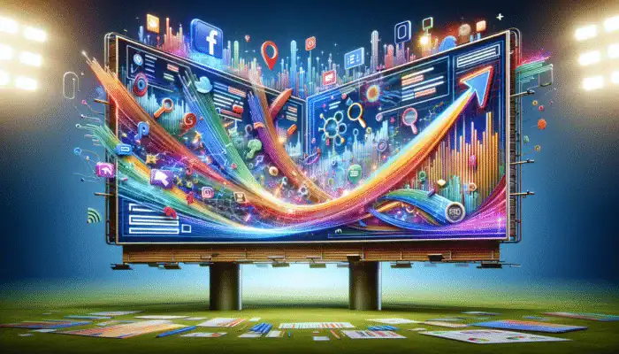 Use Local PPC Campaigns for Visibility: A digital billboard displaying a successful PPC campaign with graphs showing increased online visibility and engagement, surrounded by search engine and social media icons.