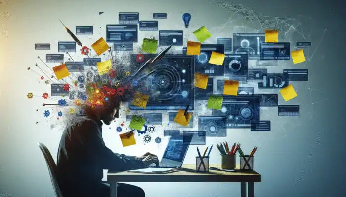 Person using laptop with Google Keyword Planner, SEMrush, Ahrefs, surrounded by sticky notes and brainstorming diagram for PPC keyword selection.