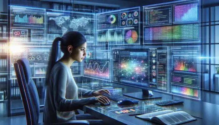 Digital analyst studying competitor alt text strategies using Moz and SpyFu in a modern office.