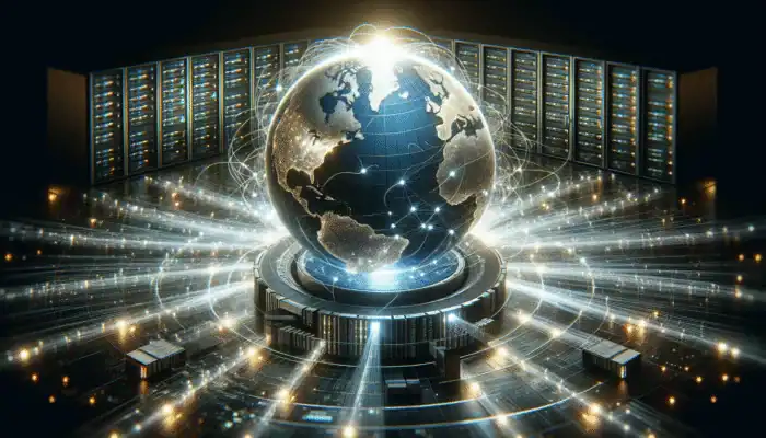 Digital globe with interconnected servers and data streams, illustrating a CDN's global optimization of site speed and user experience.