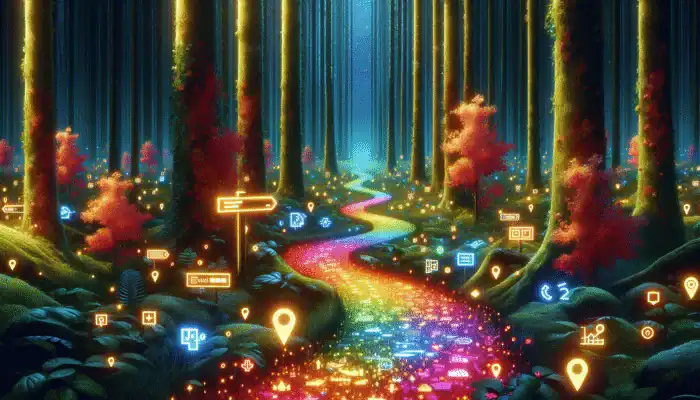 Use Breadcrumb Navigation for SEO and Usability: A glowing digital trail through a vibrant forest, symbolizing website navigation with illuminated signs.