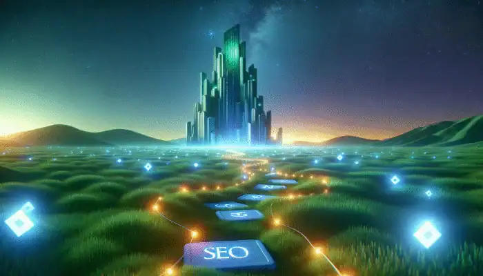 A trail of glowing breadcrumbs leading to a towering SEO graph, symbolizing strategic SEO implementation.