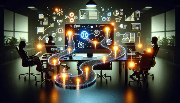 "Breadcrumb trail on screen: 'Products > Electronics > Mobile Phones', SEO keywords highlighted, in modern office."