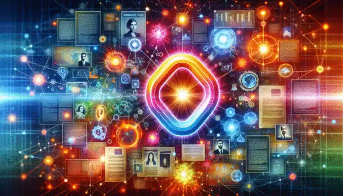 Create Link-Worthy Content for Organic Backlinks: A digital collage with a glowing link icon, unique data, research papers, and expert headshots on a web node backdrop.