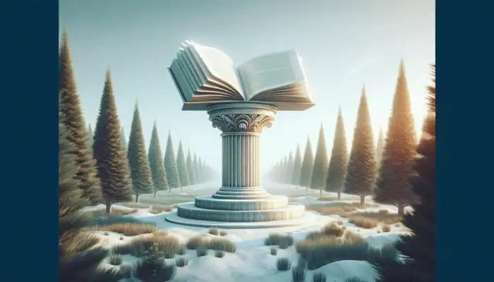 A serene landscape with an open book on a pedestal amidst evergreen trees, symbolizing enduring knowledge.