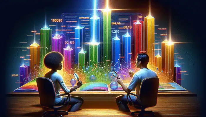 SEO experts analyzing headers with graphs showing improved rankings and engagement.