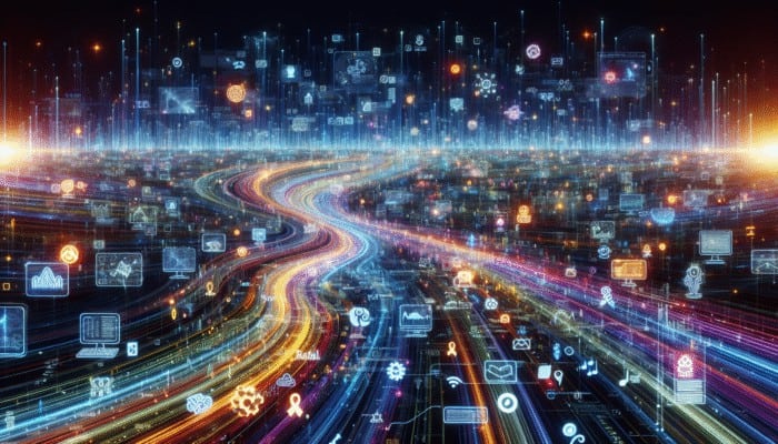 Optimise for ChatGPT: A futuristic digital landscape with glowing data streams representing ChatGPT referral traffic, vital for modern marketing.