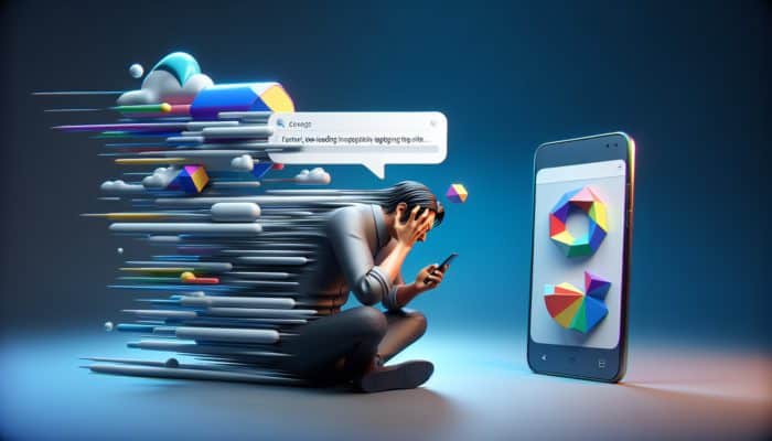 Optimise for Mobile Image Search: A user on a smartphone frustrated with slow, low-quality images, considering leaving the site.