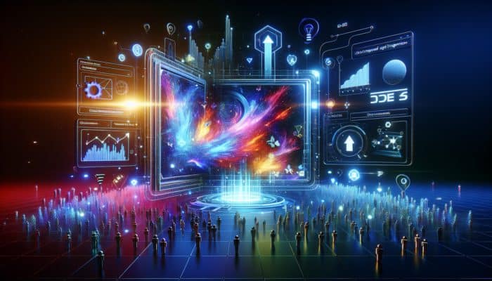 Create Local Video Content for SEO: A futuristic screen showing video content with rising SEO metrics, surrounded by engaged viewers on a modern website.