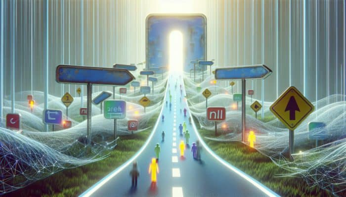 Use 301 Redirects for Link Equity: A digital path from an old, faded URL to a new, vibrant URL, symbolizing a seamless 301 redirect, with search engine bots and users following.