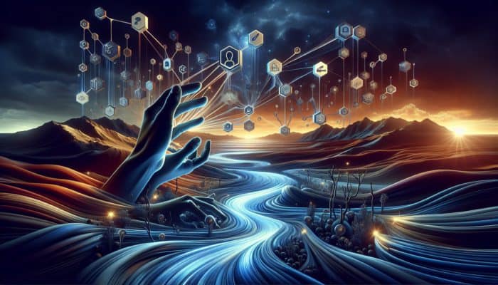 Hands reaching for glowing streams of light representing link equity in a digital landscape.