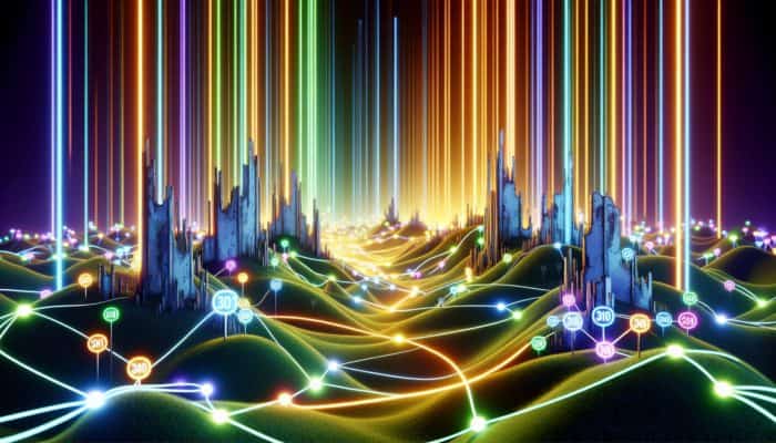 Glowing pathways connect old, faded URLs to new, vibrant ones, symbolizing link equity preservation during website rebranding.