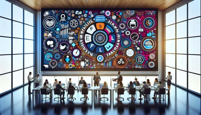 What Are The 7 P's of Marketing: A modern UK marketing office with professionals using digital tools to discuss the 7 P's of Marketing.