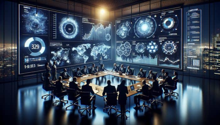 A diverse team in a boardroom analyzing market data and competitor logos on a large screen.