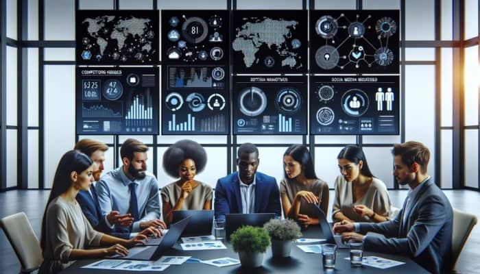 A diverse group in a modern office using digital platforms to analyze competitor feedback with analytics graphs.