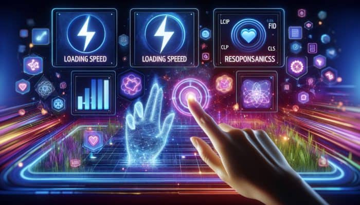 Optimise for Core Web Vitals: Core Web Vitals metrics: LCP, FID, CLS displayed on a digital interface with graphs and icons.
