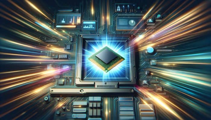 Futuristic interface showing browser caching icons, central glowing RAM chip, speeding data streams.