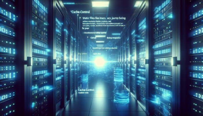 A server room with 'Cache-Control' headers projected, showing static files cached for a year to improve load times.