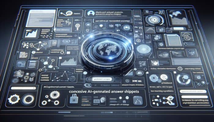 Create Content for AI Answer Snippets: Futuristic digital interface with AI-generated answer snippets at top of search results, showing diverse data streams and icons.