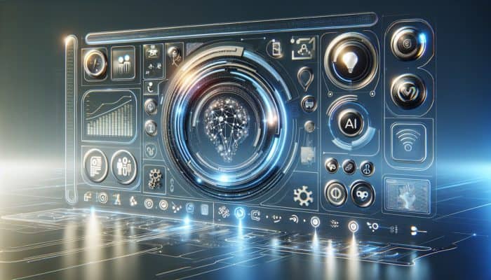 A futuristic digital interface with AI answer snippets, icons showing time-saving, streamlined experiences, and business growth.