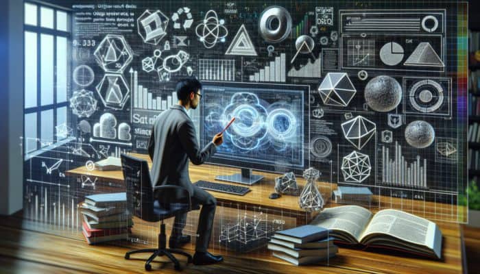 Use Original Research for Backlink Attraction: A digital marketer analyzing data visualizations on a screen, surrounded by research materials, enhancing SEO credibility.