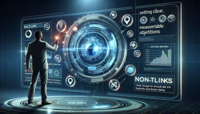 A researcher setting clear objectives on a futuristic digital interface with graphs, insights, and icons for backlinks and brand visibility.